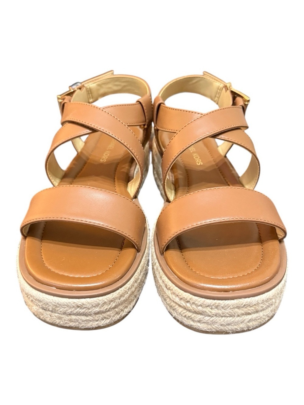 Michael Kors Lynn Espadrille Platform Sandals Luggage Leather Size 7 NIB